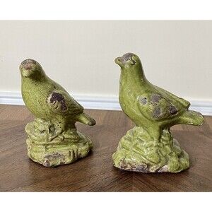 MCM Green Crackle Glaze Art Pottery Bird Figures Set Of 2 Farmhouse Bird Lovers